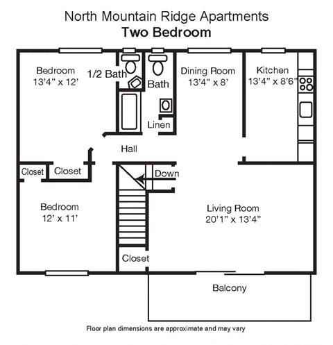 Floor plan for 2 beds, 1.5 baths, 875 sqft